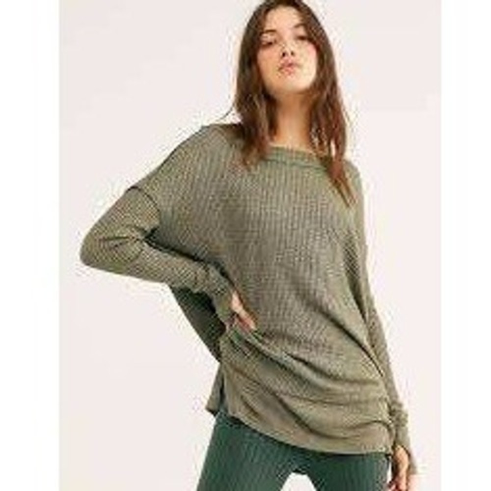 We The Free Thermal Top Women Large Olive Green Waffle Knit Thumbhole Oversized